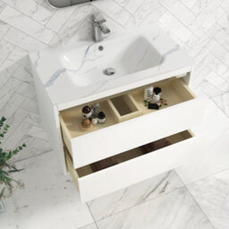 Royal Bathrooms Orion 800mm Matt White 2 Drawer Wall Hung Bathroom Vanity Unit With Carrara White Basin & Chrome Accent Trim - thumbnail 4
