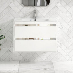 Royal Bathrooms Orion 800mm Matt White 2 Drawer Wall Hung Bathroom Vanity Unit With Carrara White Basin & Chrome Accent Trim - thumbnail 1
