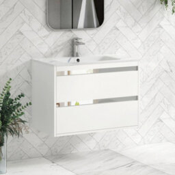 Royal Bathrooms Orion 800mm Matt White 2 Drawer Wall Hung Bathroom Vanity Unit With Carrara White Basin & Chrome Accent Trim - thumbnail 6