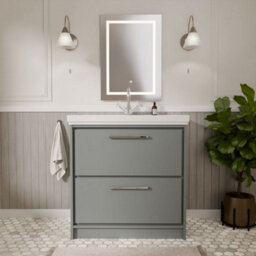 Balterley Longnor Modern Bathroom Floor Standing 2-Drawer Vanity Unit With Fireclay Basin, Coastal Grey, 800mm - thumbnail 2