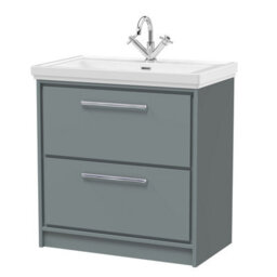 Balterley Longnor Modern Bathroom Floor Standing 2-Drawer Vanity Unit With Fireclay Basin, Coastal Grey, 800mm - thumbnail 1