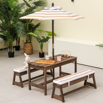 Costway 4 Pcs Wooden Kids Picnic Table Bench Children Outdoor Activity Desk W/ Umbrella - image 1