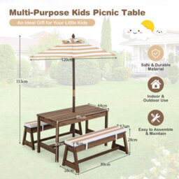 Costway 4 Pcs Wooden Kids Picnic Table Bench Children Outdoor Activity Desk W/ Umbrella - thumbnail 3