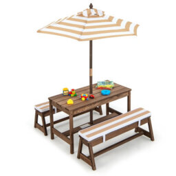 Costway 4 Pcs Wooden Kids Picnic Table Bench Children Outdoor Activity Desk W/ Umbrella - thumbnail 2