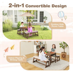Costway 4 Pcs Wooden Kids Picnic Table Bench Children Outdoor Activity Desk W/ Umbrella - thumbnail 6