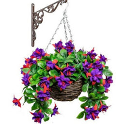 Primrose Artificial Fuchsia Flowers Rattan Hanging Basket Decoration Purple 25Cm