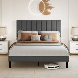 Levede King Bed Frame Linen Fabric Upholstered Foam Headboard Wooden Slat - thumbnail 1