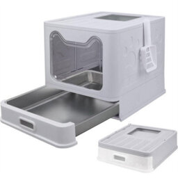 Bingopaw Enclosed Stainless Steel Cat Litter Box Front Entry Pull Bottom With Lid, Scoop 38.3X48.5X38.5Cm