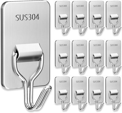 12 Pack Sticky Hook Set, Adhesive Wall Hooks, Self-Adhesive Stainless Steel Towel Hooks - image 1
