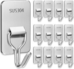 12 Pack Sticky Hook Set, Adhesive Wall Hooks, Self-Adhesive Stainless Steel Towel Hooks - thumbnail 1