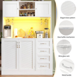 Abrihome Led Sideboard Cabinet 120X40X188Cm White: 4 Doors, 2 Drawers, Snack Rack & Drink Holders, Kitchen Buffet Storage - thumbnail 3