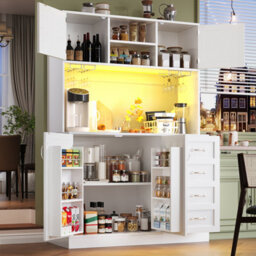 Abrihome Led Sideboard Cabinet 120X40X188Cm White: 4 Doors, 2 Drawers, Snack Rack & Drink Holders, Kitchen Buffet Storage - thumbnail 1