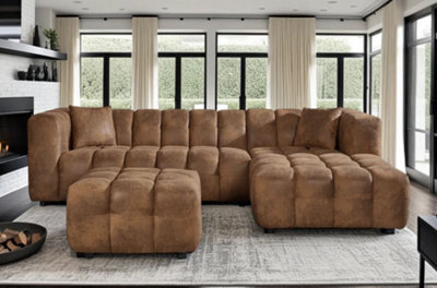 Faux Leather Suede Brown Right Hand Facing Corner Sofa With Ottoman - image 1