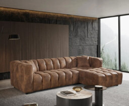Faux Leather Suede Brown Right Hand Facing Corner Sofa With Ottoman - thumbnail 2
