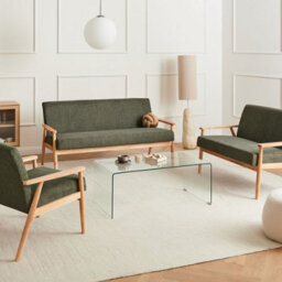 Wyld And Coco 3-Piece Retro Living Room Set In Green And Light Brown With Wooden Frame And Curved Arms - thumbnail 2