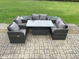 Fimous Outdoor Rattan Garden Furniture Set Patio Height Adjustable Rising Lifting Dining Table Love Sofa - thumbnail 2