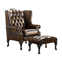 Chesterfield Flat Wing Chair + Footstool Antique Autumn Tan Leather In Mallory Style - thumbnail 1