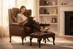 Chesterfield Flat Wing Chair + Footstool Antique Autumn Tan Leather In Mallory Style - thumbnail 3