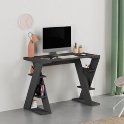 Decortie Modern Papillon 106Cm Working Desk Particleboard 3 Mini Shelves, Cross Design Legs H75Xw106Cm, Anthracite Grey - thumbnail 4