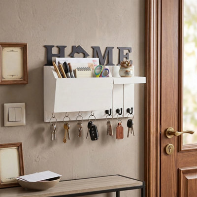 White Wall Mounted Key Holder With 7 Hooks & Mail Shelf - image 1