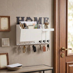 White Wall Mounted Key Holder With 7 Hooks & Mail Shelf - thumbnail 1