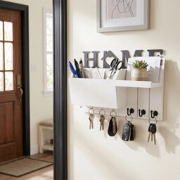 White Wall Mounted Key Holder With 7 Hooks & Mail Shelf - thumbnail 3