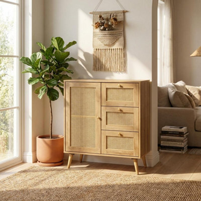 Swish Furniture Manila Oak Rattan Compact 1 Door 3 Drawer Sideboard Living Dining Room Storage Furniture - image 1