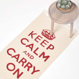 Homescapes Keep  Calm And Carry On Handwoven 100% Cotton Rug In Red & White, 60 X 100 Cm