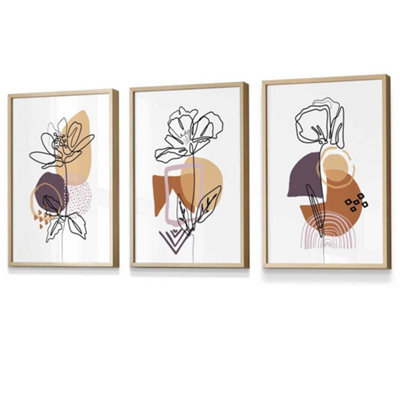 Artze Wall Art Set Of 3 Line Art Flowers On Purple Orange Boho Shapes Wall Art Prints / 30X42Cm (A3) / Oak Frame