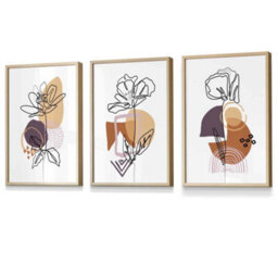 Artze Wall Art Set Of 3 Line Art Flowers On Purple Orange Boho Shapes Wall Art Prints / 30X42Cm (A3) / Oak Frame - thumbnail 1