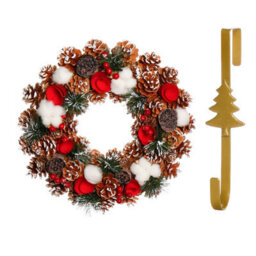 Dibor 36Cm Pinecone And Roses Front Door Christmas Wreath With Tree Wreath Hanger
