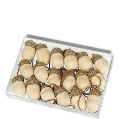 Heaven Sends Christmas - Set Of 18 Glittery Wooden Acorn Hanging Decorations, Gold, 3 X 2 Cm Each