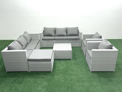 Fimous Outdoor Rattan Sofa Garden Furniture Set 2 Armchairs Square Coffee Table Big Stool Light Grey - image 1