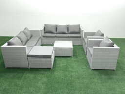 Fimous Outdoor Rattan Sofa Garden Furniture Set 2 Armchairs Square Coffee Table Big Stool Light Grey - thumbnail 2