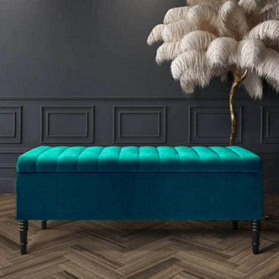 137Cm Paris Striped Ottoman Storage Bench- Plush Velvet Shoe Bench - Emerald Green Upholstery Footstool With Storage - image 1