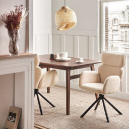 Wyld And Coco Swivel Dining Chair Light Beige Bouclé Upholstery With Rotating Iron Base - High Back, Curved Arms - thumbnail 2