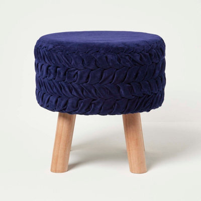 Homescapes Lyla Blue Pleated Velvet Footstool, 40 Cm Tall - image 1
