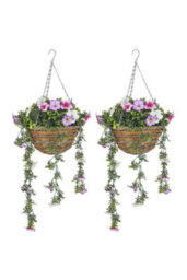 Dyzi Pink Artificial Azalea Hanging Basket Set Indoor Outdoor Decor - thumbnail 1