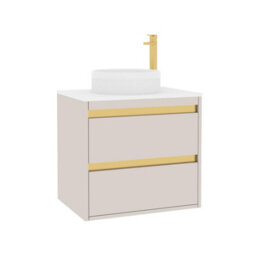 Royal Bathrooms Orion 600mm Warm Taupe Wall Hung Plain White Countertop Vanity Unit 2 Drawer With Round Basin & Brushed Brass Accent Trim - thumbnail 6