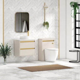 Royal Bathrooms Orion 600mm Warm Taupe Wall Hung Plain White Countertop Vanity Unit 2 Drawer With Round Basin & Brushed Brass Accent Trim - thumbnail 3