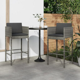 Vidaxl Bar Stools With Cushions 2 Pcs Grey Poly Rattan - thumbnail 2