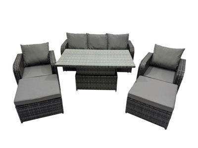 Fimous Rattan Garden Furniture Dining Set 6-Seater Patio Height Adjustable Rising Lifting Table Sofa Set With 2 Big Footstools - image 1