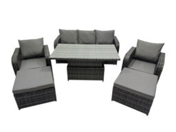 Fimous Rattan Garden Furniture Dining Set 6-Seater Patio Height Adjustable Rising Lifting Table Sofa Set With 2 Big Footstools - thumbnail 1
