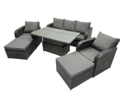 Fimous Rattan Garden Furniture Dining Set 6-Seater Patio Height Adjustable Rising Lifting Table Sofa Set With 2 Big Footstools - thumbnail 2