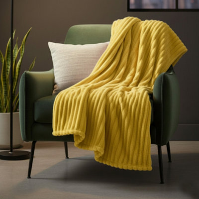Chunky Ribbed Mink Throw Ultra Soft Warm Elegant Blanket For Sofa Or Bed Yellow - image 1