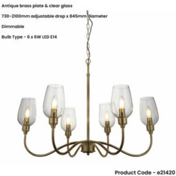 Loops Multi Arm Hanging Ceiling Pendant Light - Antique Brass Plate & Clear Glass Shade - 6 X 6W Led E14 - thumbnail 2