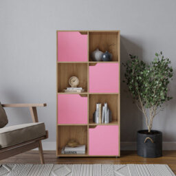 Urbn-Living Urbnliving 119Cm Height Oak 8 Cube Bookcase Shelving Display Shelf Storage Unit Pink Wooden Door - thumbnail 1