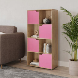 Urbn-Living Urbnliving 119Cm Height Oak 8 Cube Bookcase Shelving Display Shelf Storage Unit Pink Wooden Door - thumbnail 2