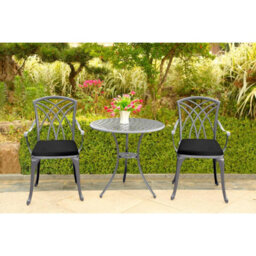 Centurion Supports Oshowa Grey Garden And Patio Table And 2 Large Chairs Bistro Set - With Black Cushions - thumbnail 2