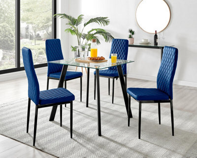 Furniturebox Uk Seattle Glass And Black Leg Square Dining Table & 4 Navy Velvet Milan Black Leg Chairs - image 1